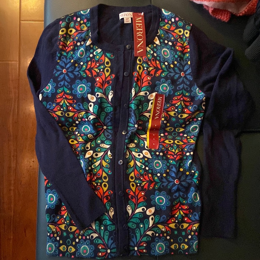 NEW Merona Navy Blue Cardigan with colorful design
